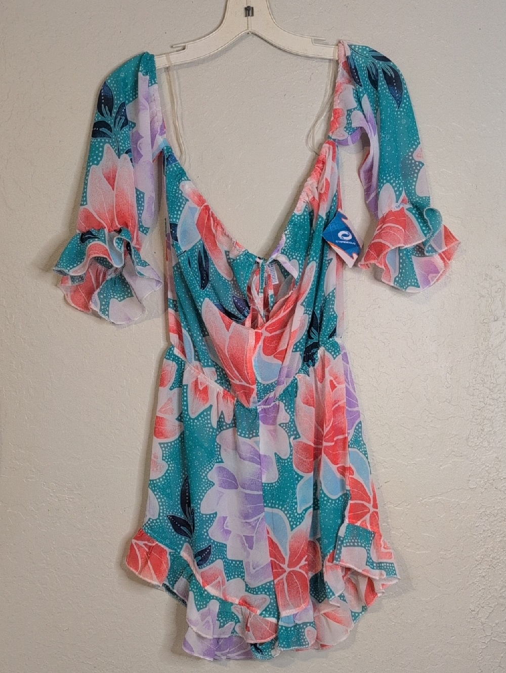 Floral Teal Off Shoulder Front Tie Ruffled Romper